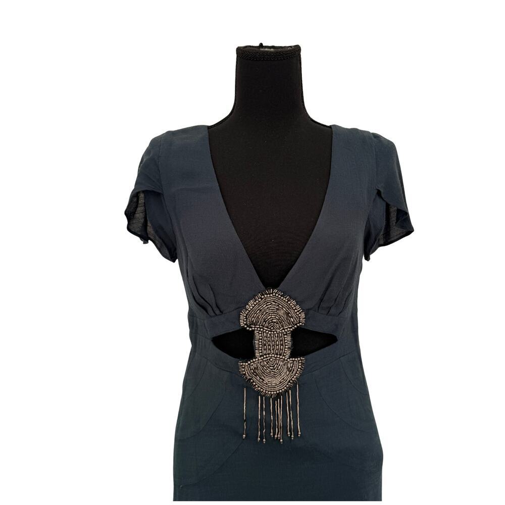 Free People Teal Beaded Cutout Midi Dress Size 4 Boho Empire Waist Festival - Picture 4 of 8